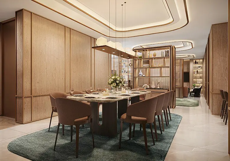 Formal dining room in wood panelling (artistic impression, reference)