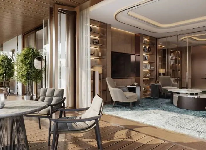 Living and lounge interior in wood and bronze tones (artistic impression, reference)
